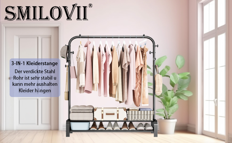 Clothes Rack, Coat Rack Stable Clothes Rail with 6 Hooks and 2 Shoe Shelf Storage Shelf, Bedroom Clothes Rack Freestanding Clothes Rail, Black