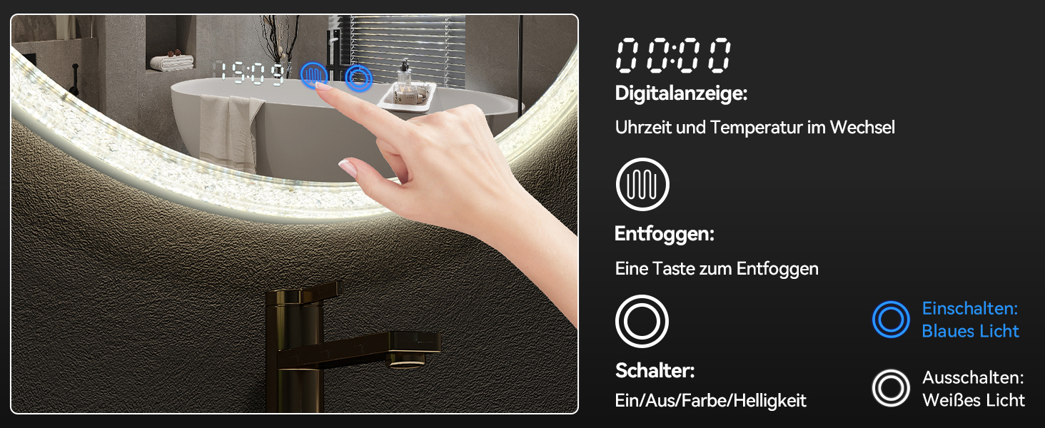 Дзеркало для ванної кімнати YOURLITE з підсвічуванням, 60 см, LED, сенсорне керування, 3 кольори, регулювання яскравості, протизапітніння, функція пам'яті, годинник, білий (сріблястий)