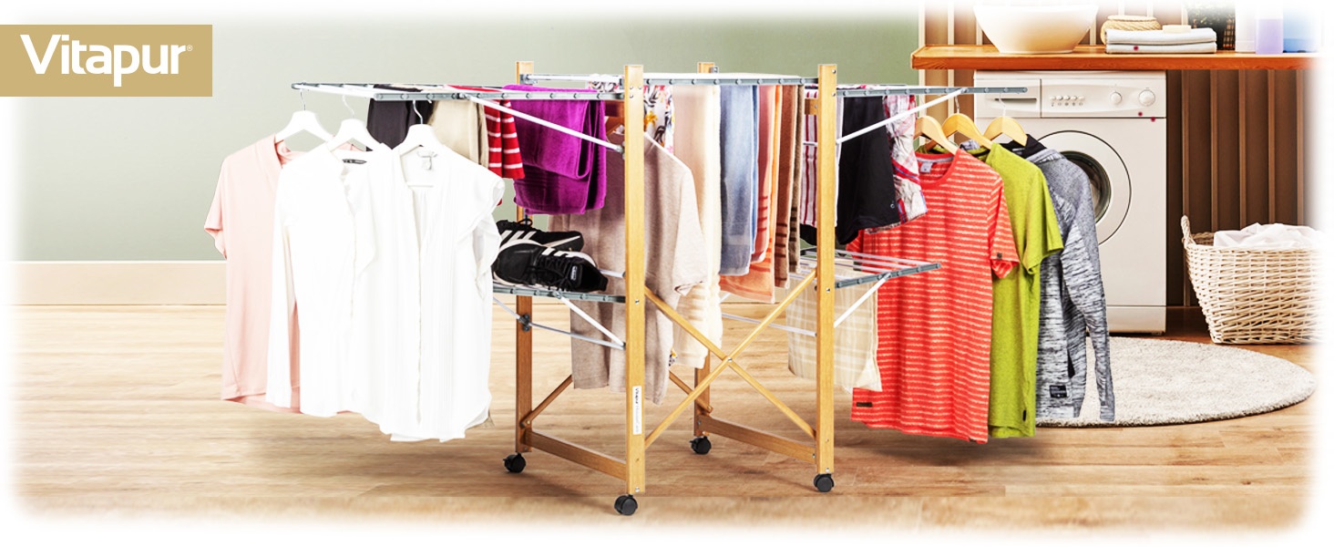 Сушарка для білизни Vitapur XXL з роликами - 2 рівні, 21м довжини, складна, 12см деревоподібний дизайн, мобільна, внутрішня/зовнішня, вантажопідйомність 25кг, 136x69см, економія місця