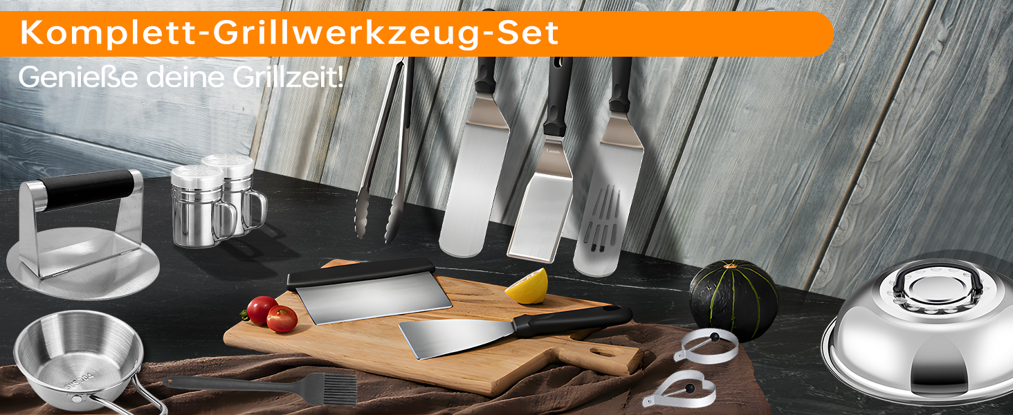 Набір гриль-посуду 19 предметів: аксесуари для гриля, BBQ, прес для бургерів, лопатка, дзвоник, аксесуари для тепаньякі та Blackstone Grill