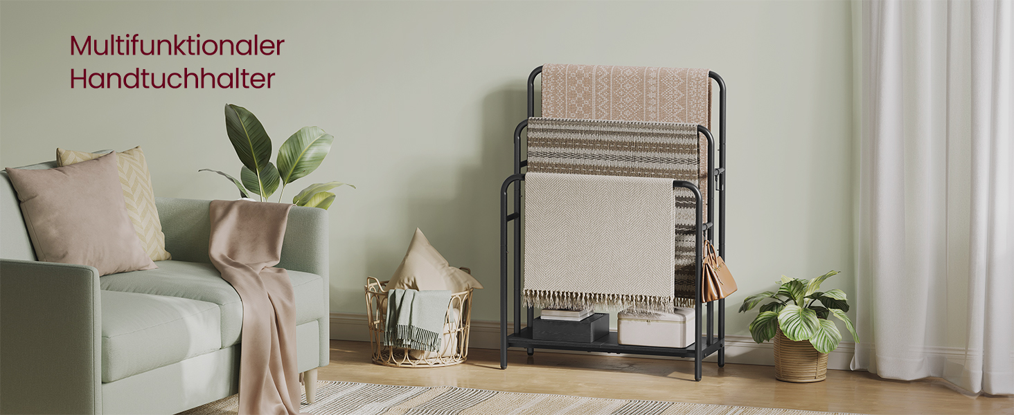 Підставка для рушників VASAGLE, стояча, 3-х рівнева, 70 x 30 x 100 см, з 2 гачками та полицею, чорний + чорне дерево, LLS019B01