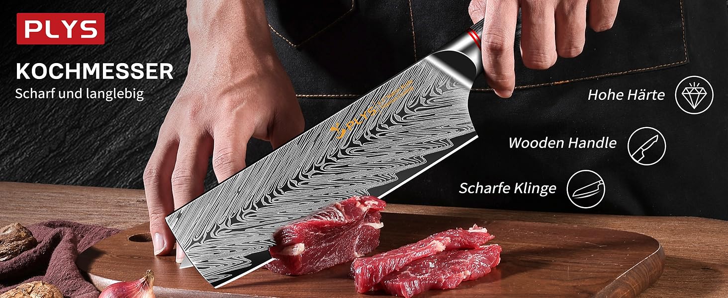 Кухонний ніж Plys Schwarz Profi: гострий ніж для кухні, сталь, титанове покриття, дерев'яна ручка, подарунок для чоловіків
