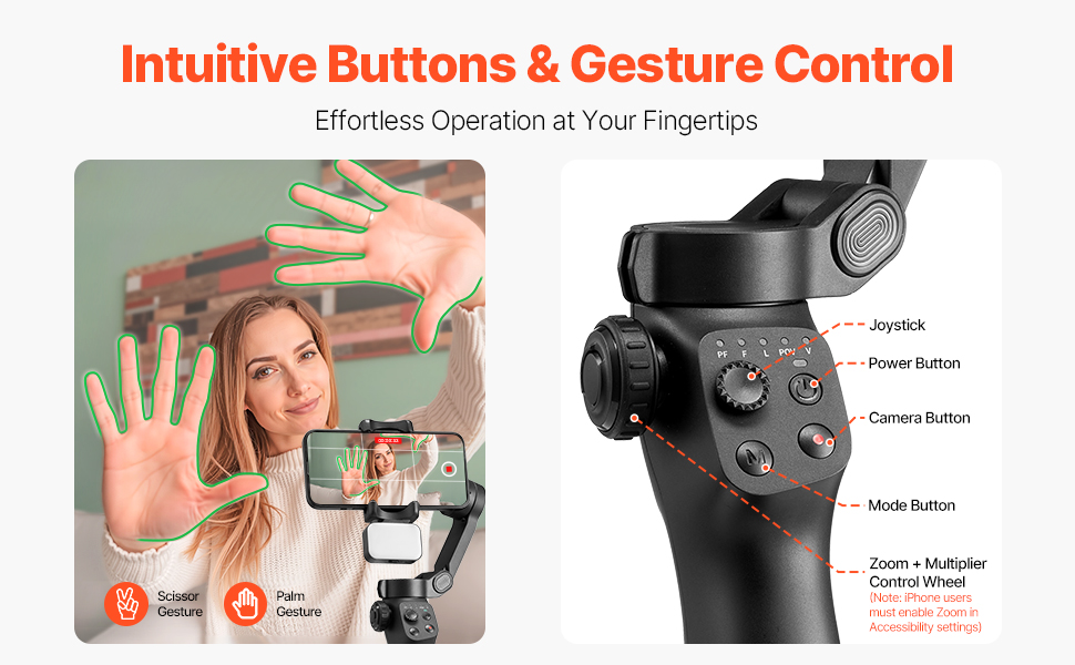 Стабілізатор Gimbal для смартфона VEVOR, 3-осьова стабілізація, трекінг облич/об'єктів, штатив, портативний та складаний, для відеозйомки, DC 3.5–4.2V (вбудована світлодіодна лампа, керування через додаток)