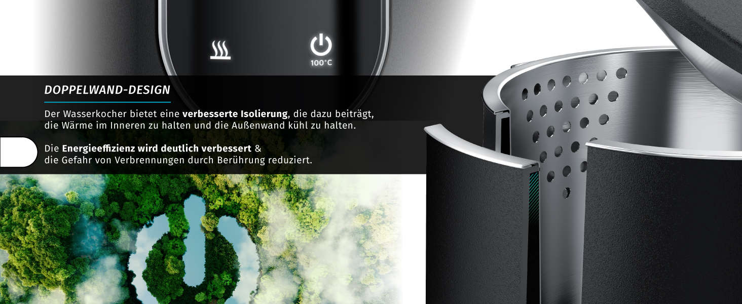 Електричний чайник Arendo з регулюванням температури, нержавіюча сталь, подвійні стінки Cool Touch, дисплей, бездротовий, 2200 Вт, 1,7 л, захист від перегріву, функція підтримання тепла, чорний