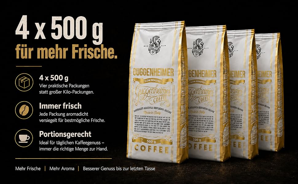 Кава в зернах GUGGENHEIMER COFFEE для автоматичних кавомашин, смак шоколаду та горіхів, Barista-якість, низька кислотність, 2 кг (4 x 500 г)