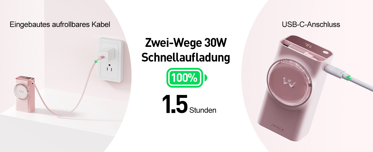 Power Bank iWALK 10000mAh з вбудованим кабелем USB-C 70см, 3 виходи, 30W PD, рожевий
