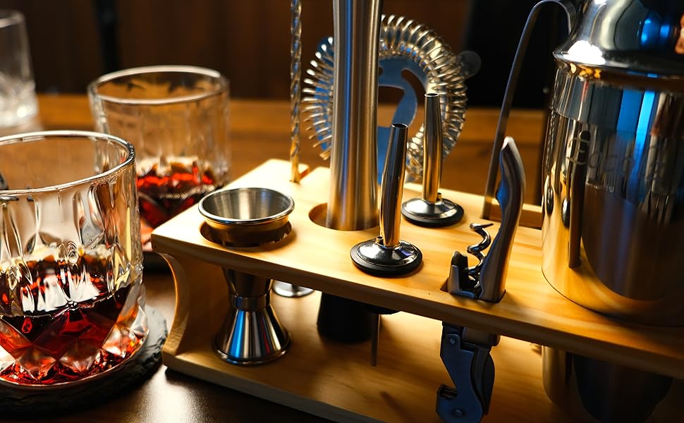 750ml Stainless Steel Cocktail Shaker Set with Bamboo Stand & Recipe Book - 17 Piece Bar Set with Accessories for Bartenders & Gifts