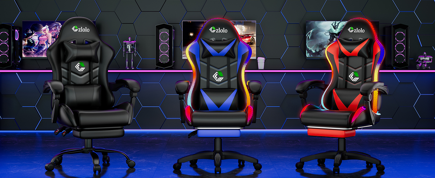 Геймерське крісло Czlolo RGB LED з підставкою для ніг, ергономічне, для дорослих та дітей, блакитне