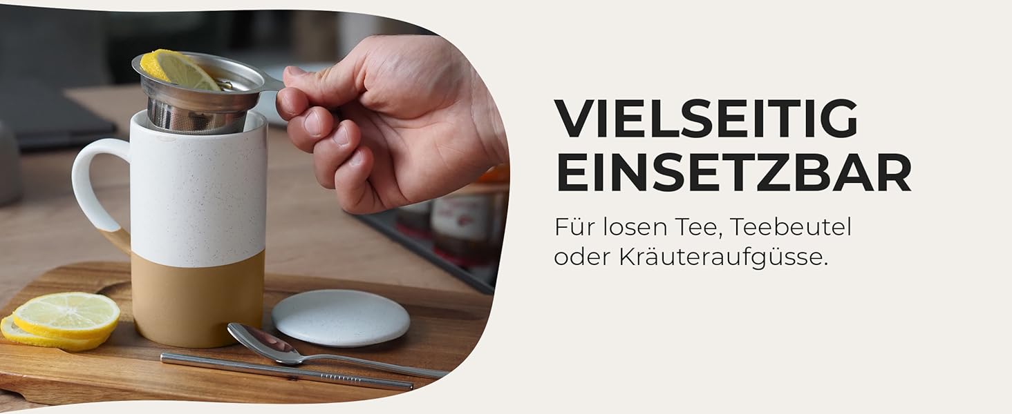 Набір чайних чашок Miamio 2 x 500 мл з кришкою та ситом, керамічні чашки з чайним ситечком та ложкою для заварювання листового чаю, подарунок для жінок, підходить для мікрохвильової печі та посудомийної машини (колір: коричневий)