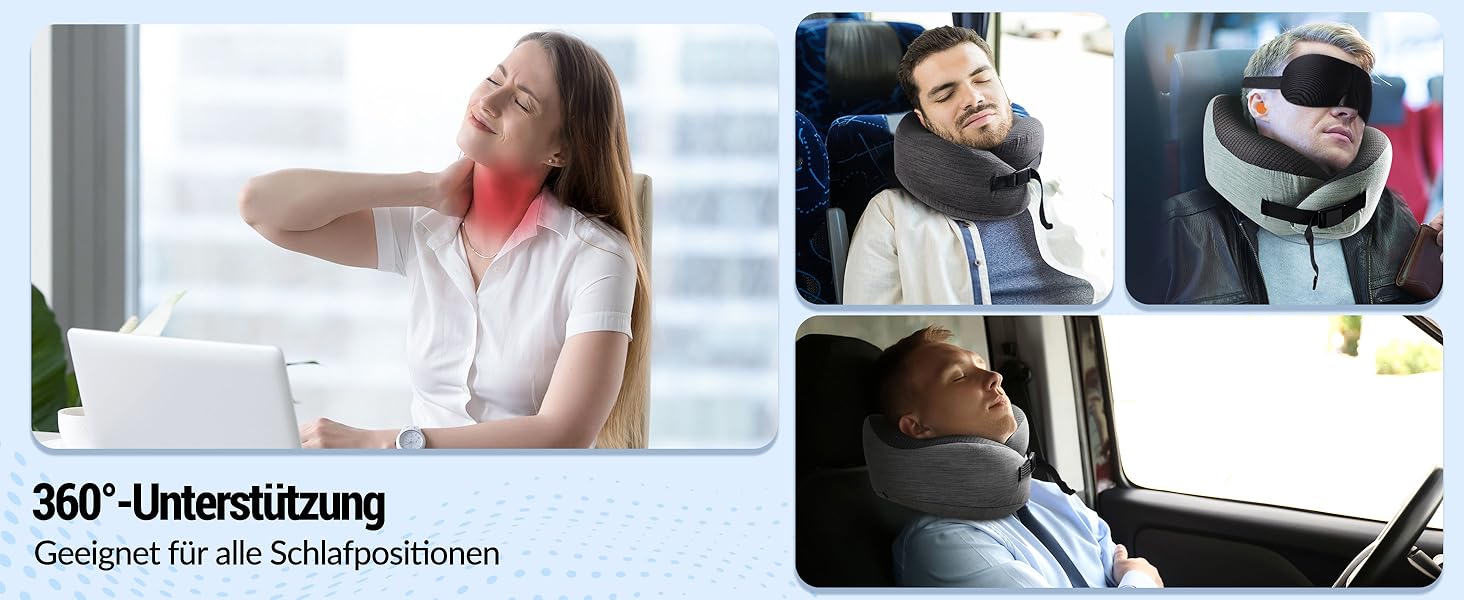 Подушка для шиї у літак, подорожі: Memory Foam, регульована, компактна, з чохлом, навушники, маска для сну (темно-сірий)