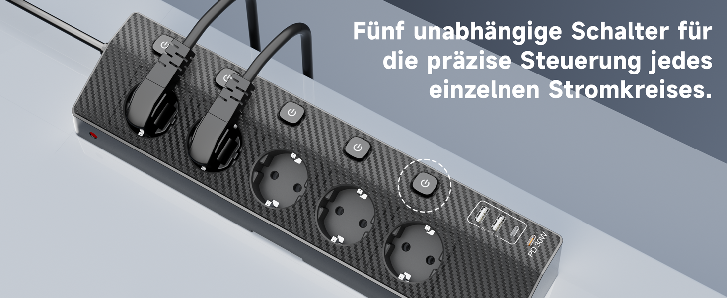 Настільний мережевий фільтр з 5 розетками та 2 USB-C (PD 30W), подовжувач з вимикачем, 4000 Вт, кабель 3м, чорний