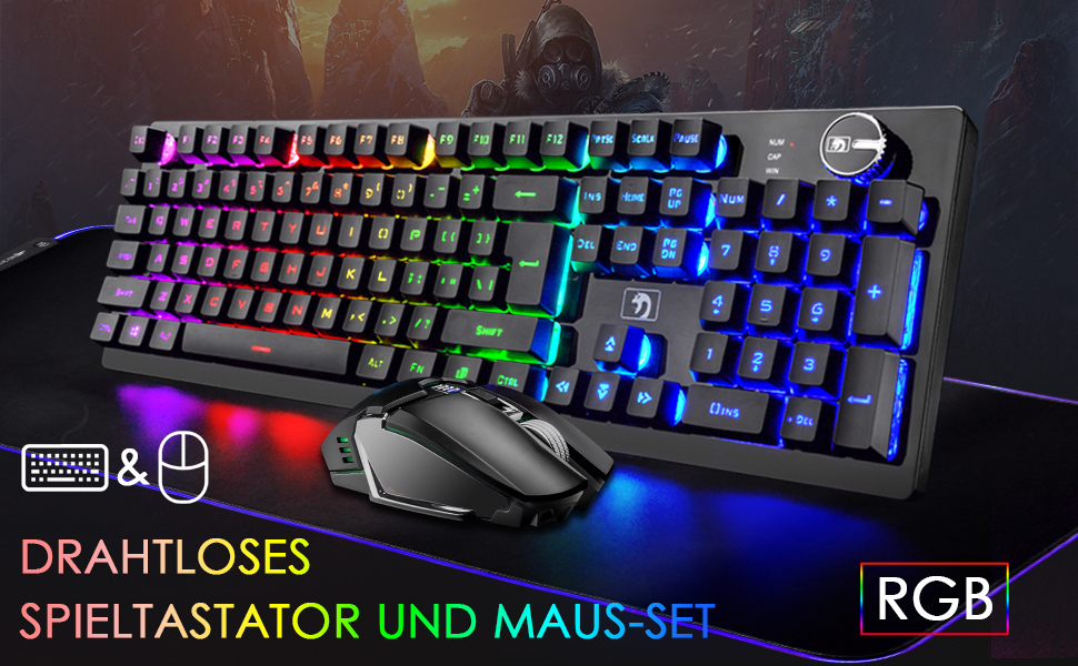 FELiCON Набір комбо для бездротової клавіатури та миші, 4800mAh, RGB-підсвічування, 16 режимів, керування кнопками, ергономічний дизайн, 7 кольорів, чорний K&M