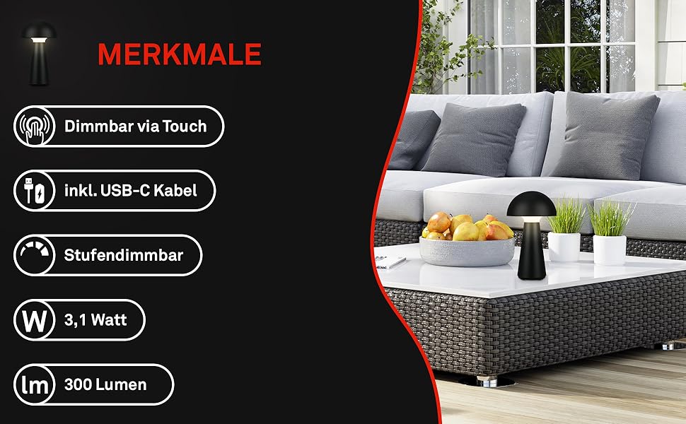 LED настільна лампа BRILONER бездротова з торшером, диммування, тепле світло, 28x16 см, чорний колір