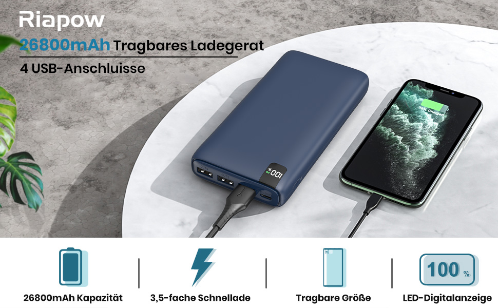 Power Bank Riapow 26800mAh з LED-дисплеєм, 4 виходи, USB-C, швидка зарядка 22.5W, блакитний