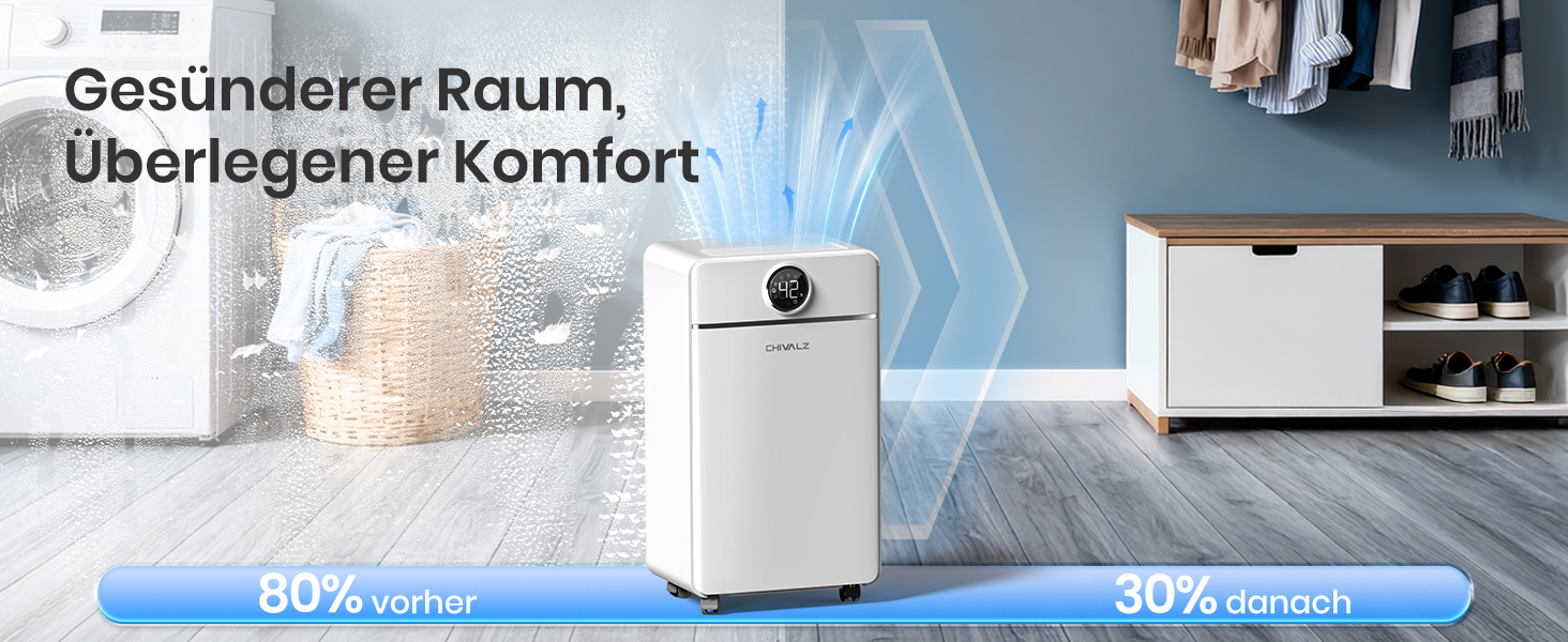 Електричний осушувач повітря CHIVALZ для автомобіля та приміщень до 30 м²/120 м³, 3 режими роботи, таймер 24 год, автоматичне розморожування, енергозбереження, білий