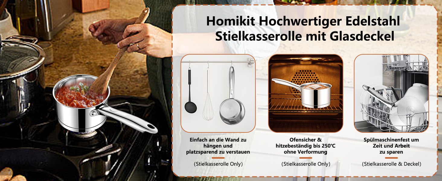 Каструля Homikit 8 см, 2.8 л, нержавіюча сталь з кришкою з термостійкого скла. Каструля для молока та інших страв, з тришаровим дном, підходить для всіх типів плит (індукція). Можна мити в посудомийній машині.