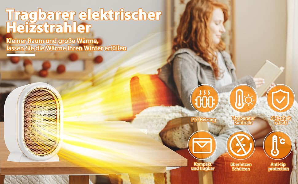 Електричний обігрівач 1200W з PTC-керамічним нагрівом, 2 режими, стабільна температура, захист від перегріву та перекидання, тихий, компактний, для дому, спальні, офісу