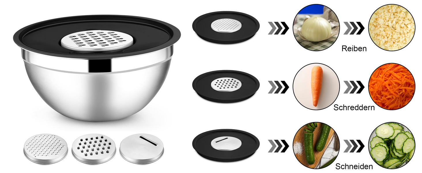 Миска Joyfair 4,5 л з нержавіючої сталі з кришкою, набором терок для приготування, миття в посудомийній машині - чорна