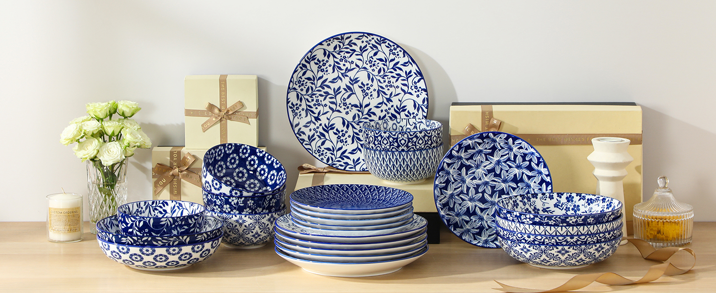 Набір посуду на 6 осіб Vancasso Selene 24 частини: тарілки, супові тарілки, салатники, миски. Керамічний сервіз з порцеляни, блакитно-білий.