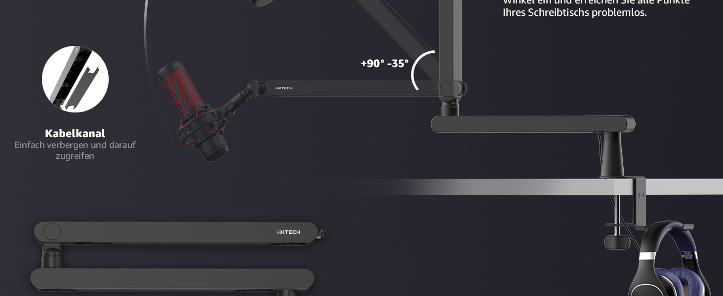 IXTECH Тримач для мікрофона – регульований, 360° обертання, стійкий, з нержавіючої сталі, для радіостудій, подкастів, геймінгу (Low Profile, lizard pro)