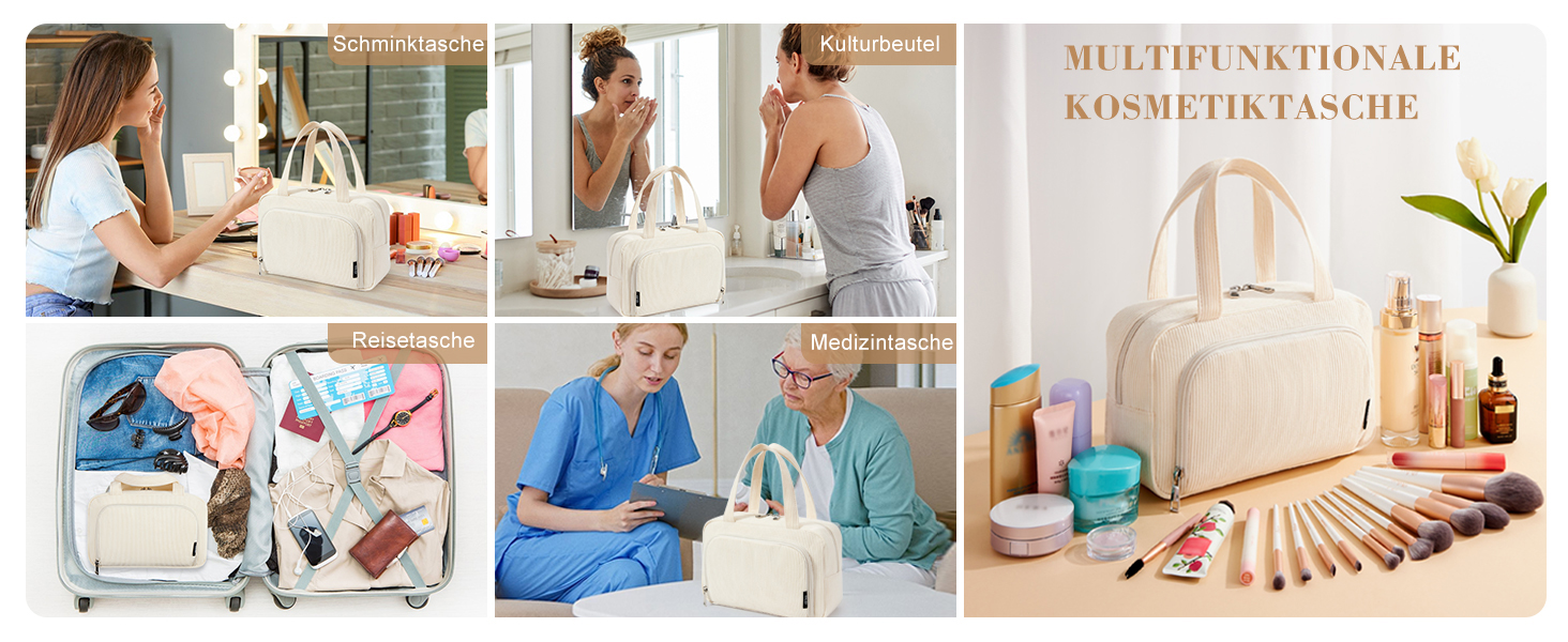 Косметичка жіноча Kalidi з багатьма відділеннями та слотом для пензлів, велика сумка для макіяжу, органайзер для косметики, валізка, темно-зелений (бежевий)