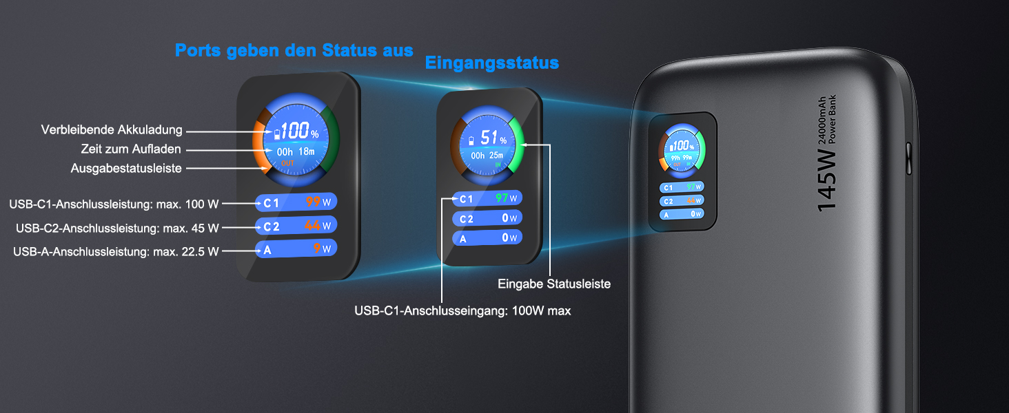 Power Bank AsperX 100W 24000mAh з LED-дисплеєм для ноутбуків, телефонів (iPhone 16/15/14 Pro), MacBook, iPad, Tablet, Steam Deck (сірий)