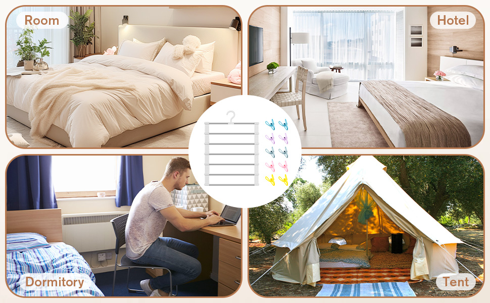 Набір з 3 штук вішалок для штанів, 7 в 1, економія місця, неслизькі вішалки для штанів, органайзер для шафи з 10 прищіпками, з нержавіючої сталі, складні вішалки для штанів, шарфів, рушників, краваток, постільної білизни