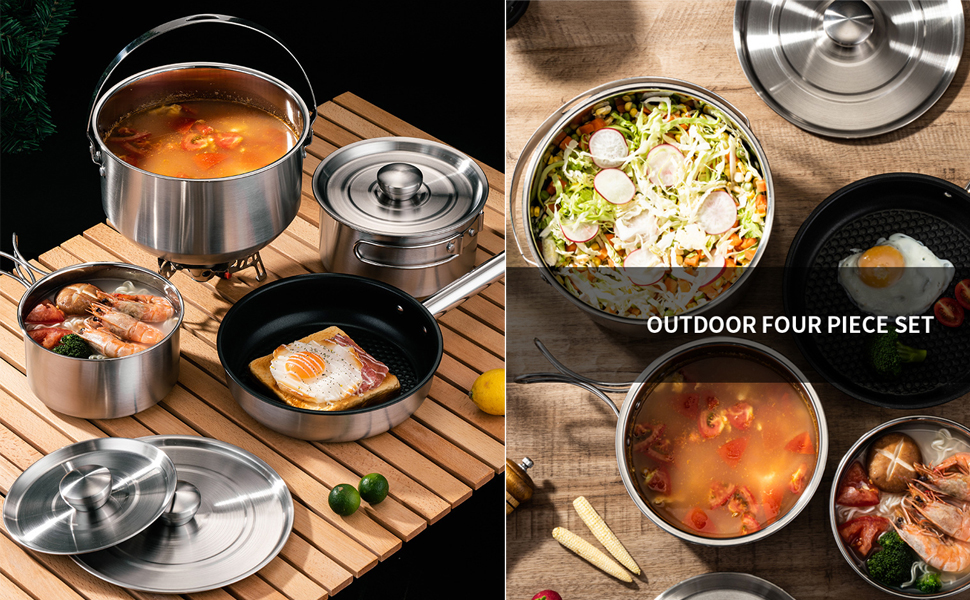 Набір кухонного посуду для кемпінгу, кухонний набір для відпочинку, каструлі та сковорідки для приготування їжі на вогнищі, містить дорожню сумку для 4-6 осіб