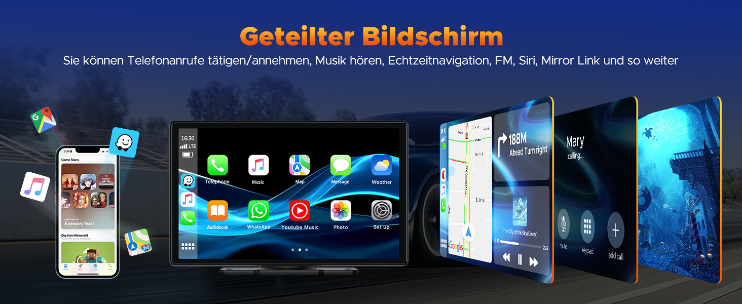 Volam автомобільна магнітола з 9'' IPS, бездротовий CarPlay та Android Auto, Bluetooth 5.0, FM, AUX, підтримка Siri та Google, портативний дисплей