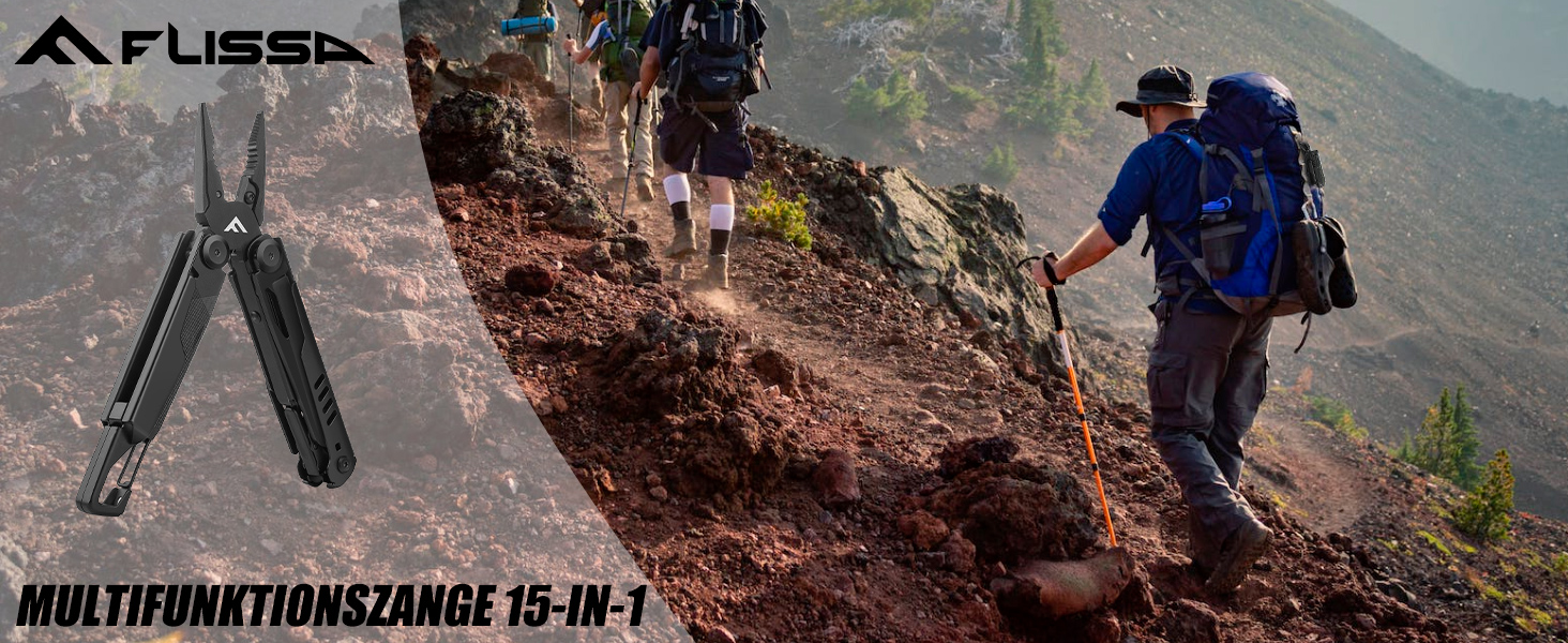 Мультитул FLISSA 15-в-1: ніж, пилка, ножиці, мультиінструмент для туризму, риболовлі та ремонту, з карабіном та чохлом, нержавіюча сталь