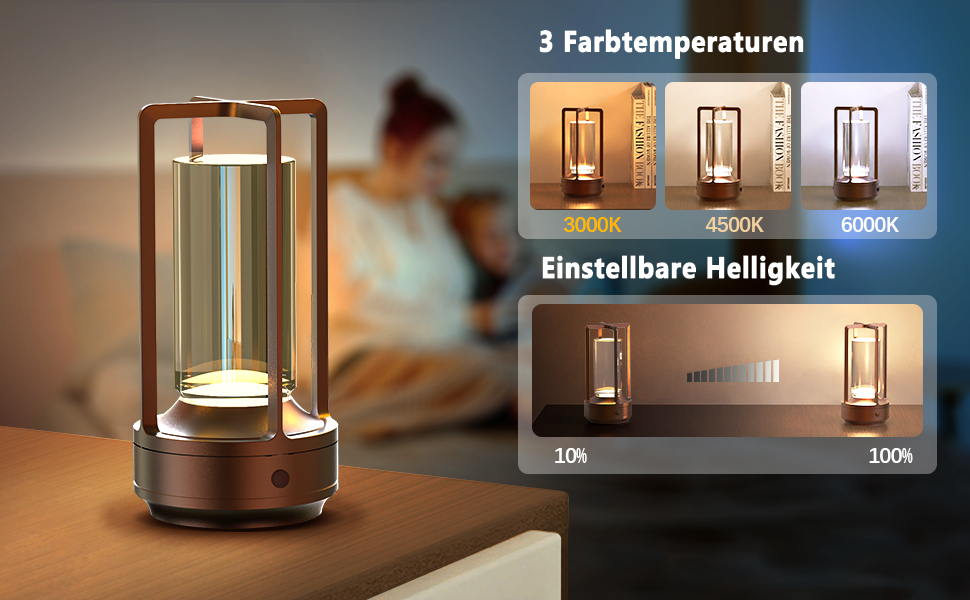 LED настільна лампа Hapfish бездротова, акумуляторна, 3000mAh, USB, з кришталем, водонепроникна, з ручкою, регульована яскравість, для ресторану, вулиці, спальні, вітальні (чорна)