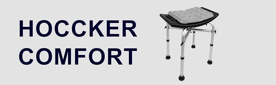 KMINA Shower Stool for Seniors - 150 kg Capacity, Double-Reinforced Crossbar, Cushion, Height Adjustable, Black, Tool-Free Assembly - Made in Europe
