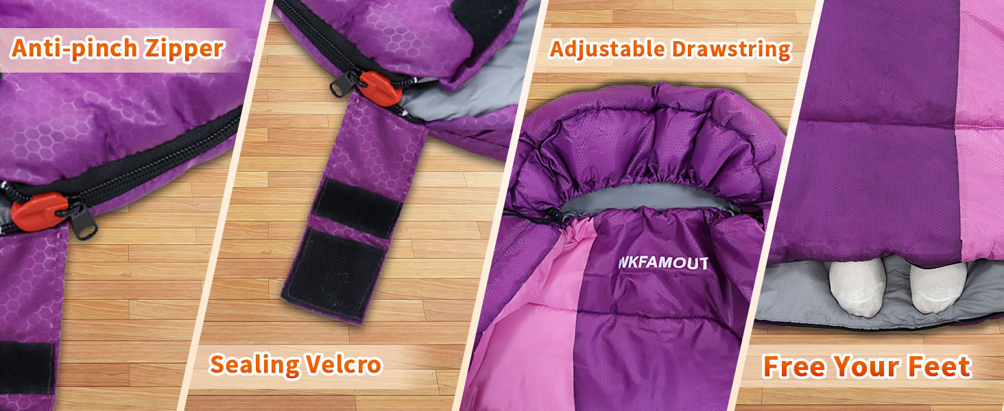 Спальний мішок Outdoor для дорослих, зимовий, машинного прання, водонепроникний, 3-4 сезони, з компресійним мішком, для кемпінгу, піших прогулянок, подорожей, 0℃-Комфорт, ліловий, 220x85CM