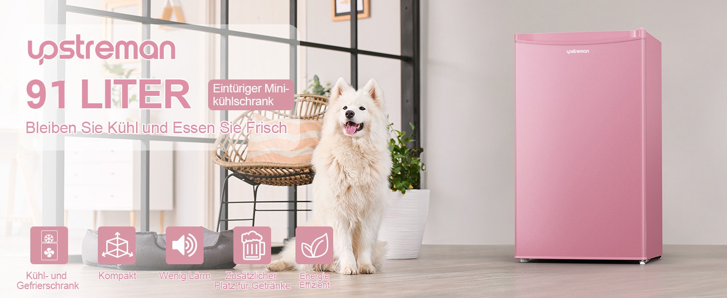Холодильник Upstreman 91L BR321-Rosa з функцією швидкого охолодження, 5 температурних режимів (1-8°C), енергоефективний, 41 дБ, компактний, для студентів/офісу