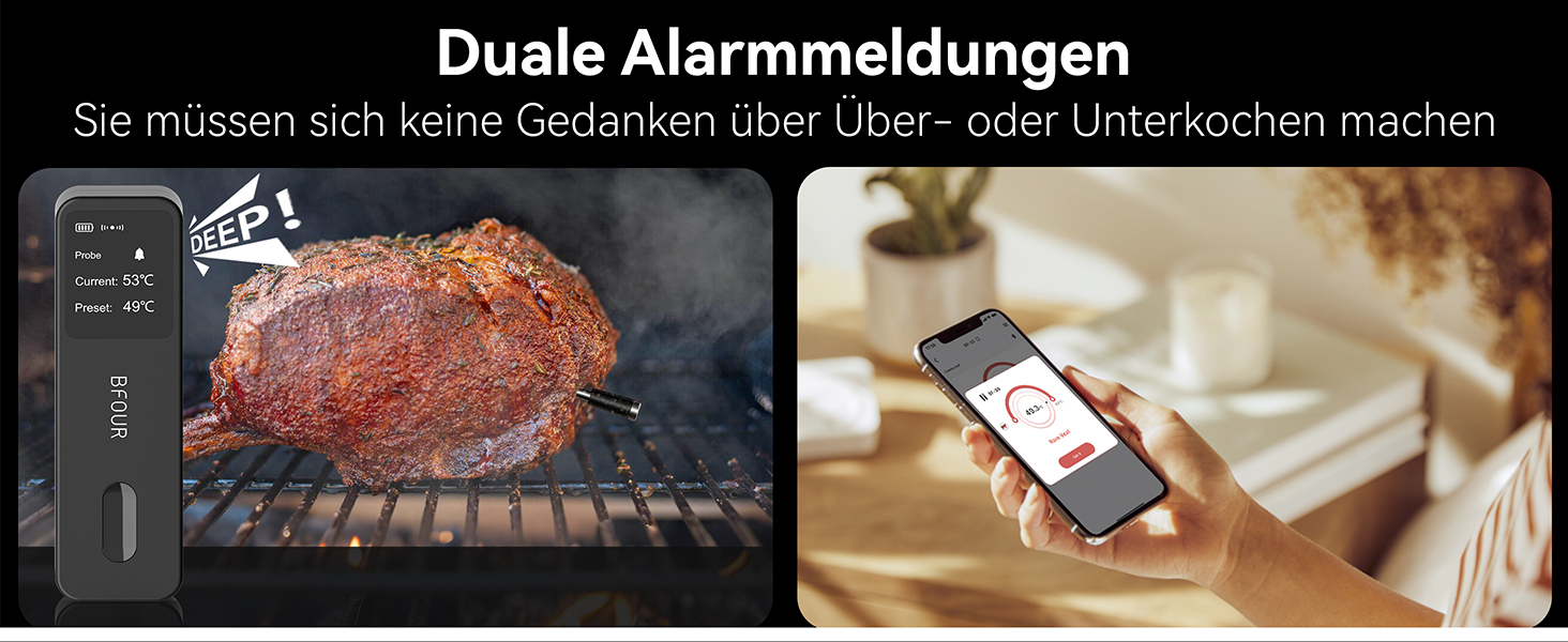 BFOUR Wireless Meat Thermometer Grill Thermometer Bluetooth with App, IP67 Waterproof Core Temperature Probe, Large Display Cooking Thermometer, App Control, for Grill, Oven, Rotisserie