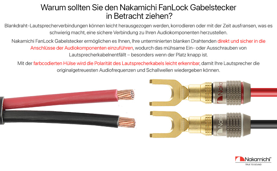 Позолочений Y-подібний роз'єм Nakamichi FanLock Excel-Serie для акустичних кабелів 10-18 AWG, 4мм, для Hi-Fi стерео та домашнього кінотеатру, 4 шт (2 пари)