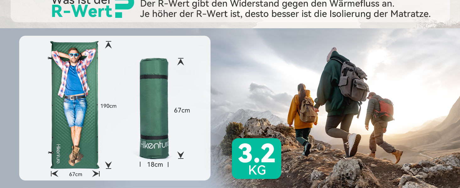 Каремат HIKENTURE самонадувний, 10 см товщини, для кемпінгу, туризму та подорожей (темно-зелений)