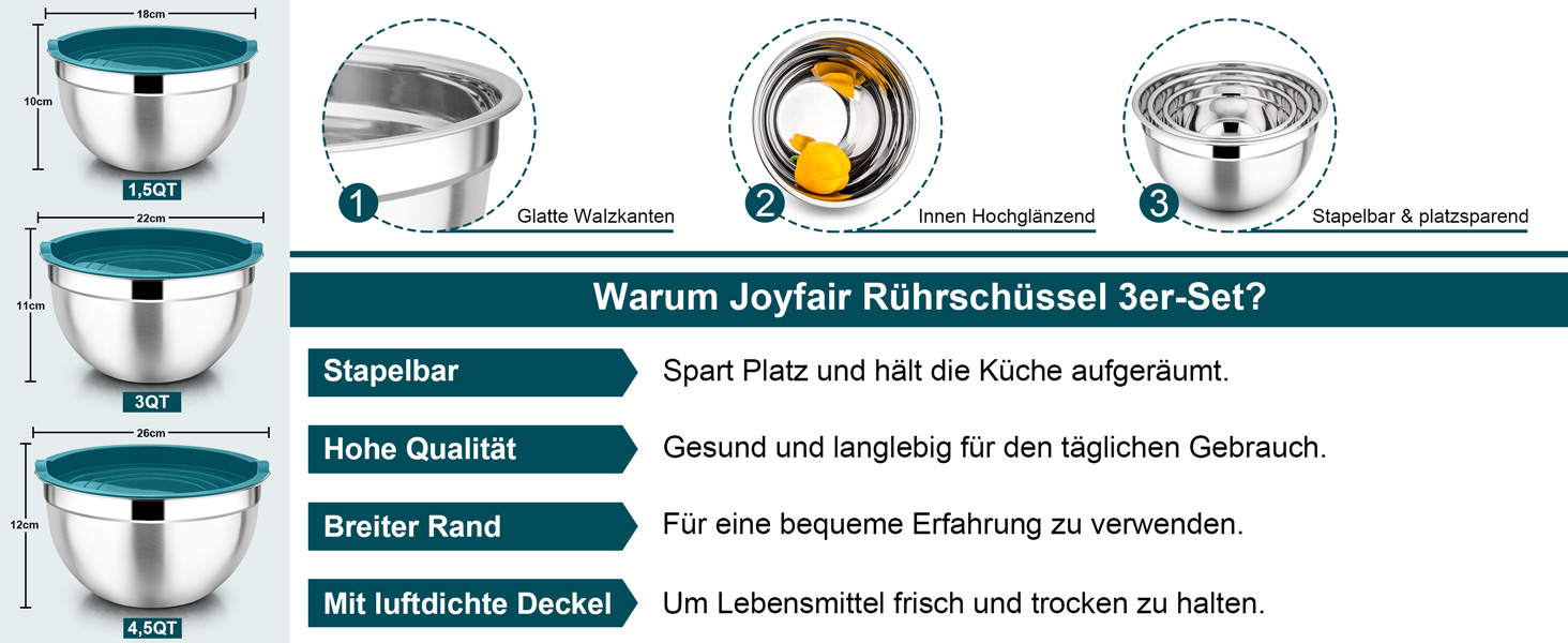 Набір мисок Joyfair, 3 шт. з нержавіючої сталі з кришками, 4.5L/2.7L/1.5L, для змішування, сервірування та приготування, миюча посудомийна машина