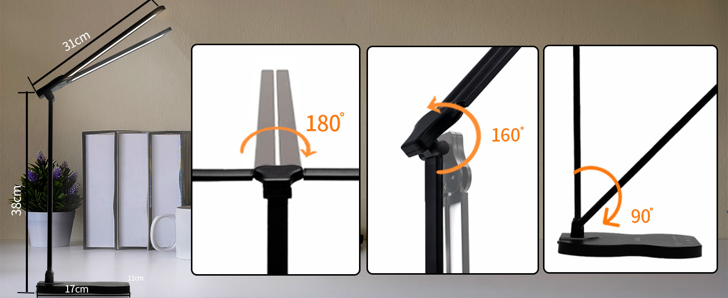 LED лампа настільна LQWELL® QM019, чорна: регулювання яскравості, 5 кольорів, 10 рівнів, USB-зарядка, сенсорне керування, пам'ять, для дітей, офісу