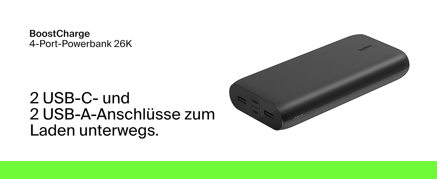 Powerbank Belkin BoostCharge 26000mAh з 4 портами USB-C та USB-A, швидка зарядка Power Delivery, для iPhone, iPad, Galaxy, Pixel