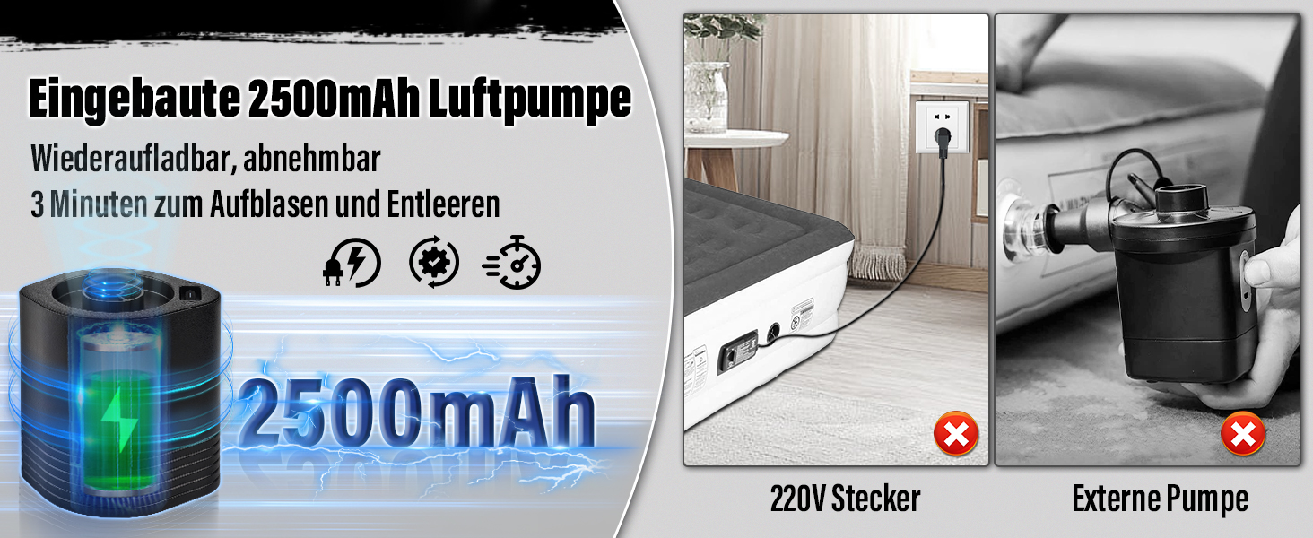 Надувне ліжко для двох осіб з автоматичним надуванням, 198x152x25 см, чорний колір. З вбудованим насосом, самонадувна повітряна матрац-ліжко