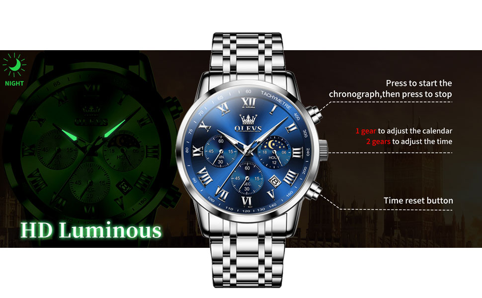 Чоловічий годинник з нержавіючої сталі, хронограф, фаза місяця, водонепроникний, кварц, аналоговий, стильний, класичний, для чоловіків. Сріблястий, чорний, золотий, блакитний колір.