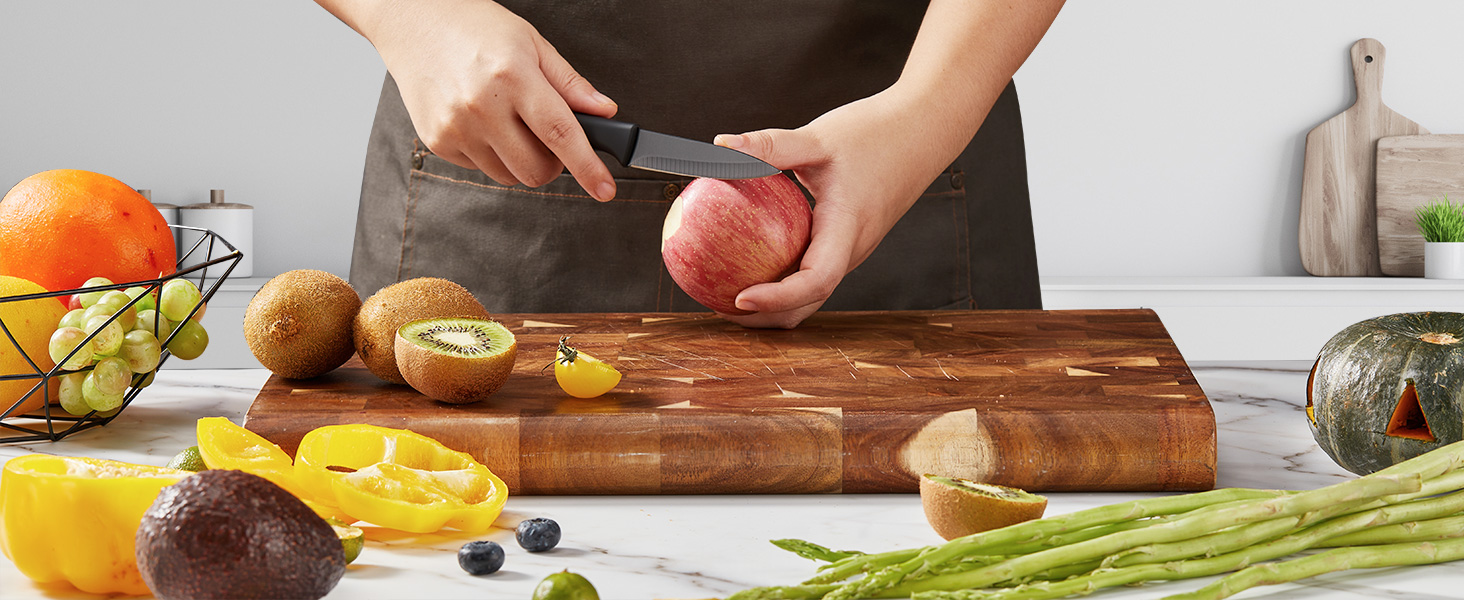 FOHERE 13-Piece Stainless Steel Knife Set with Block & Sharpener - Ergonomic Black Granite Handles