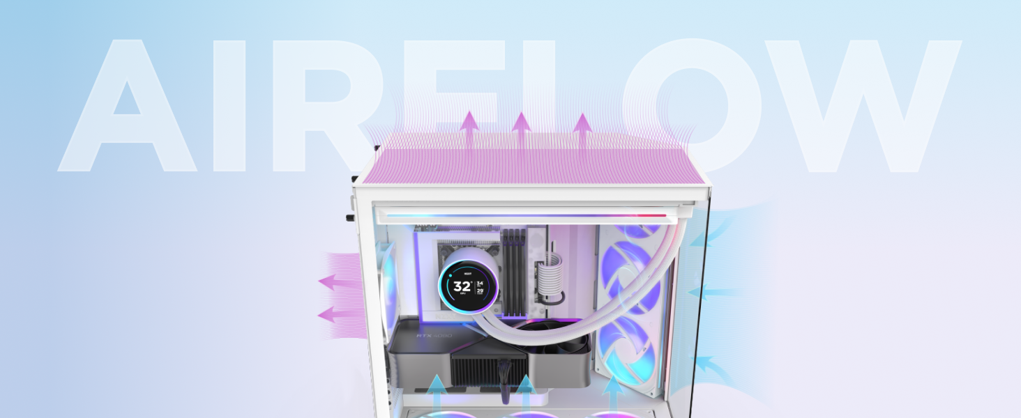 Корпус ПК NZXT H9 Flow 2025 – великий Mid-Tower з двома камерами, чорний – 3 x 140мм та 1 x 120мм вентилятори, підтримка радіатора 420мм, загартоване скло, Back-Connect