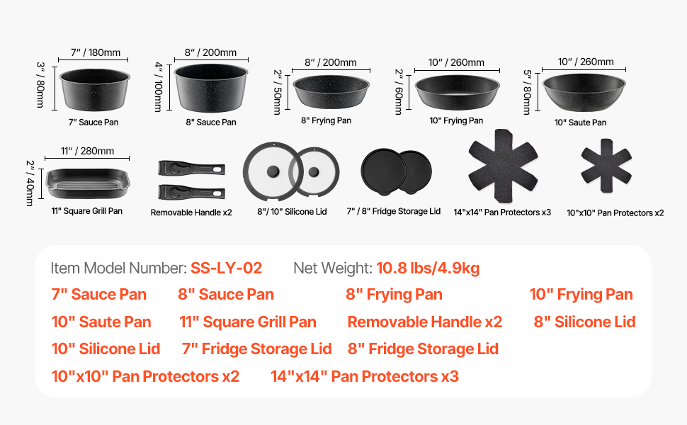 Каструля VEVOR з кришкою (індукційна, антипригарна, чорна, зі знімною ручкою) для кухні кемпера/автобудинку