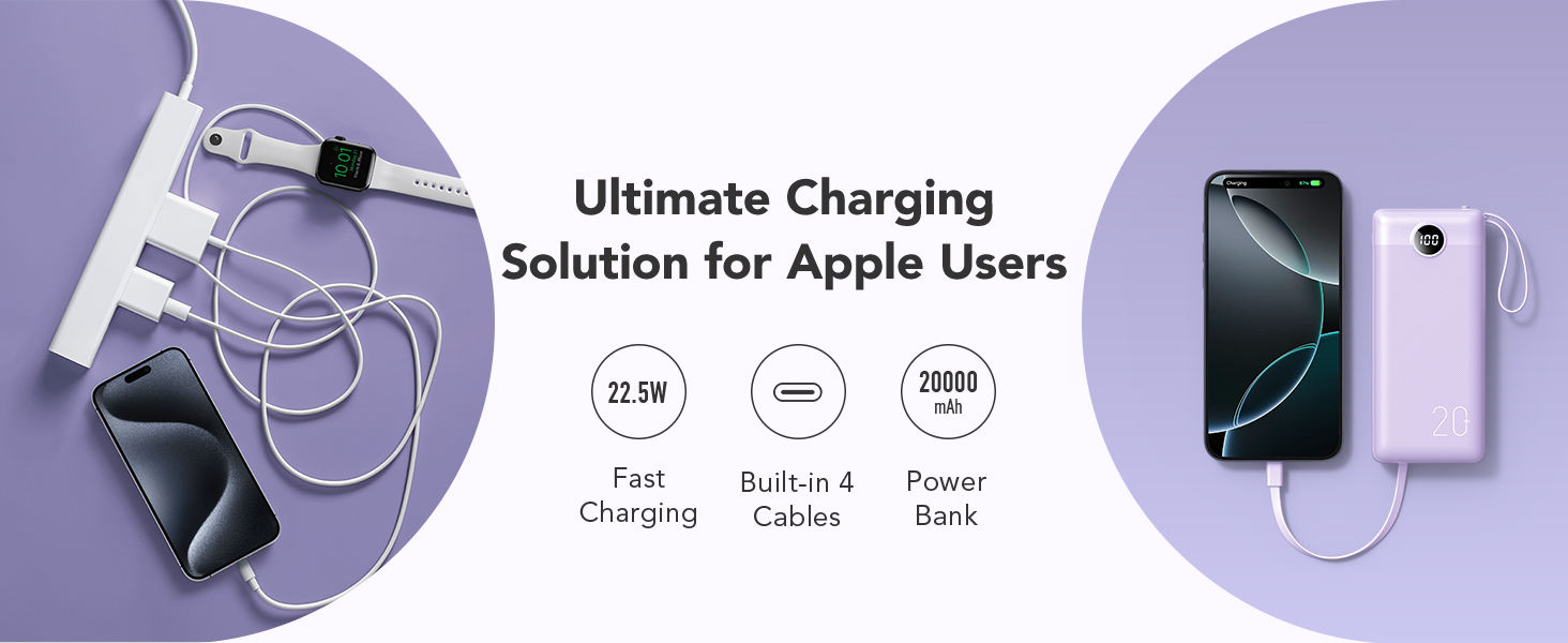 Power Bank VRURC 20000mAh з LED дисплеєм, 22,5W швидка зарядка USB-C, білий/фіолетовий