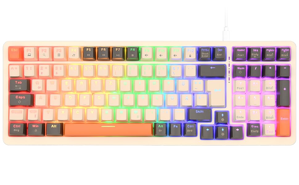 Механічна клавіатура Rii бездротова, геймерська Bluetooth, Tri-Mode 75%, QWERTZ, 20 режимів RGB-підсвічування (BT5.0 + 2.4GHz + кабель), Blue Switch