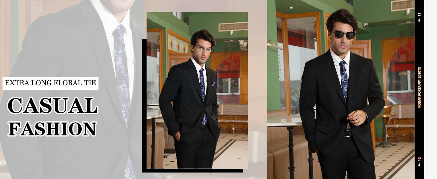 Чоловіча краватка HISDERN 160 см з кишеньковим хустиком. Набір для весілля, бізнесу. Шовкова краватка з квітковим принтом чорного та червоного кольорів.