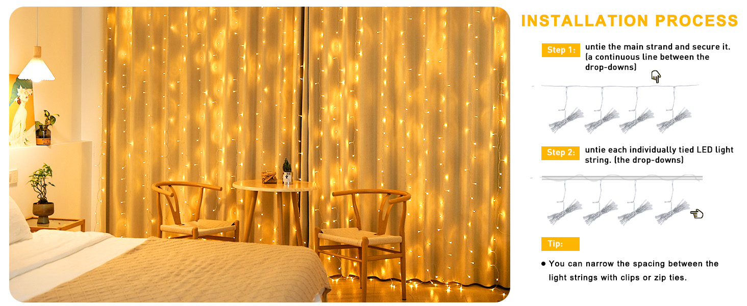 Ланцюжок LED-ліхтарів Joycome 3м x 3м, 300 LED, 8 режимів, вологостійкий, для декору вікна, балкона, кімнати, вечірки, намету, весілля, Різдва (тепле біле світло)