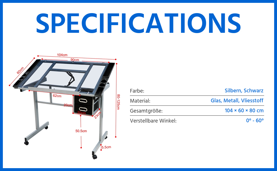 Yaheetech Adjustable Drafting Table - Tilting Glass Top Desk for Architects, Artists & Painters - 90cm x 60cm